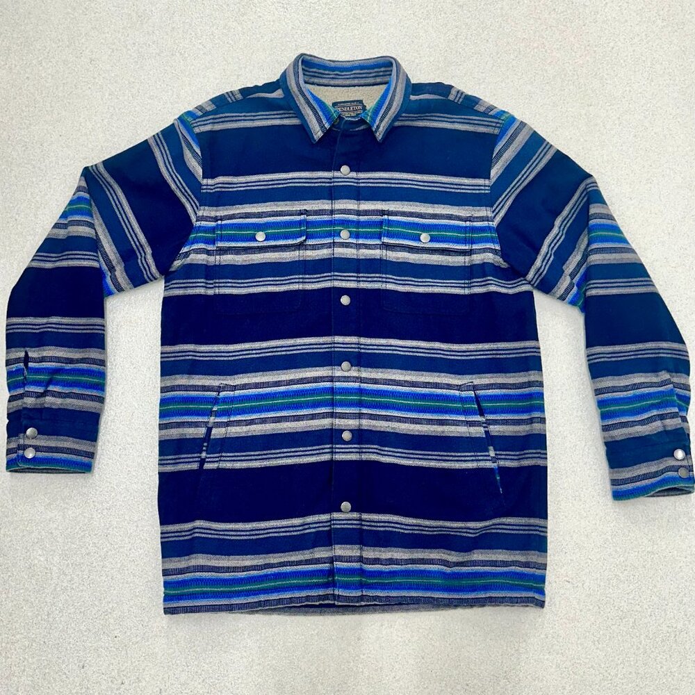 Pendleton Jacket Mens Medium Blue Stripe Sherpa Lined Snap Front Fleece Shacket